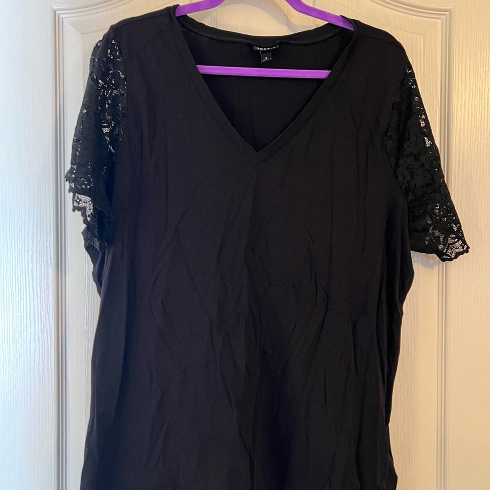 Torrid Black V-Neck Top with Lace Sleeves